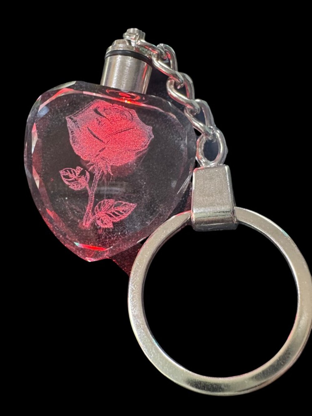 Crystal Heart Keychain with 3D Rose Engraving, Multicolored LED Lights, Heart